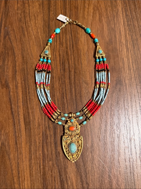Jewelry - Handcrafted Turquoise & Coral Beaded Statement Necklace - Boho Gold Pendant